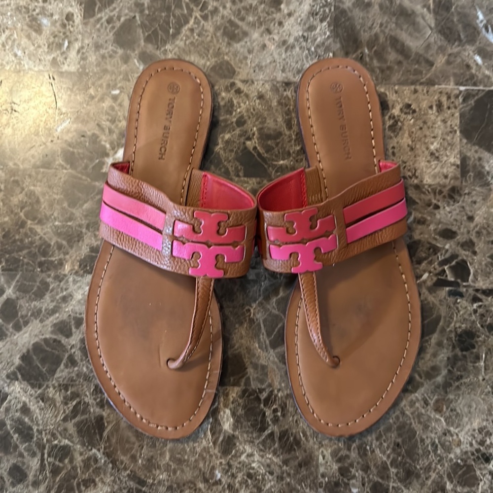 Tory Burch Leigh Ambra Carnelian Azalea Leather Thong Sandal Size 10